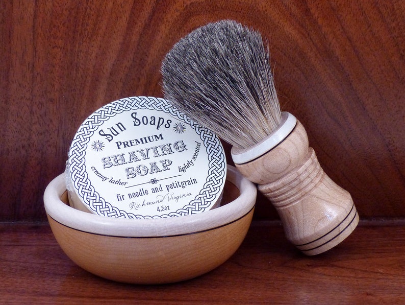 Maple two tone shaving bowl with matching maple badger hair or vegan brush and choice of soaps image 1