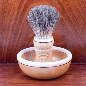 Maple two tone shaving bowl with matching maple badger hair or vegan brush and choice of soaps image 4