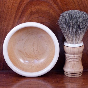 Maple two tone shaving bowl with matching maple badger hair or vegan brush and choice of soaps image 3