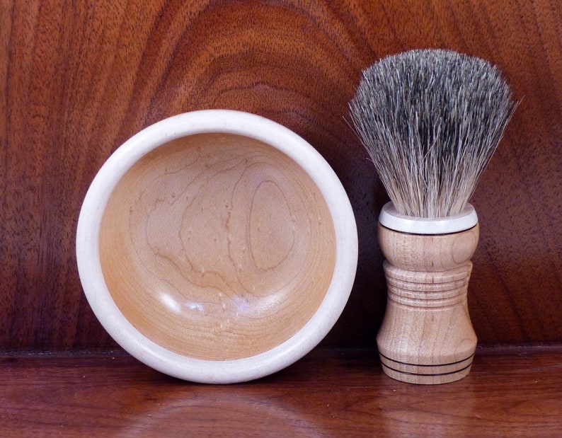 Maple two tone shaving bowl with matching maple badger hair or vegan brush and choice of soaps image 3