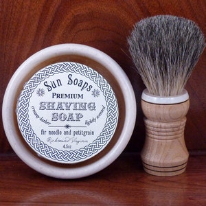 Maple two tone shaving bowl with matching maple badger hair or vegan brush and choice of soaps image 2