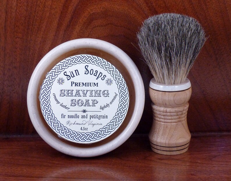 Maple two tone shaving bowl with matching maple badger hair or vegan brush and choice of soaps image 2