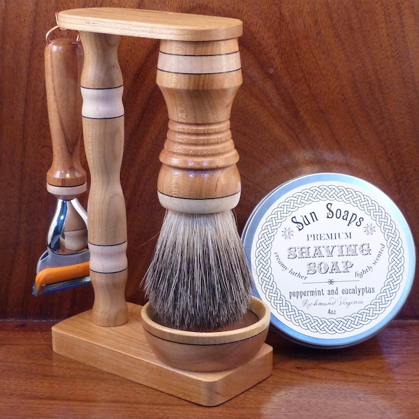 Deluxe MAGNETIC handcrafted cherry/maple shaving kit with razor, stand and bowl, natural badger hair (or vegan), and choice of soaps