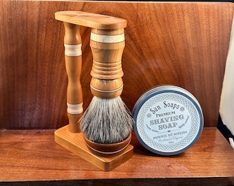 Deluxe MAGNETIC handcrafted swoosh cherry/maple two wood shaving kit with stand, natural badger hair (or vegan), and choice of soaps