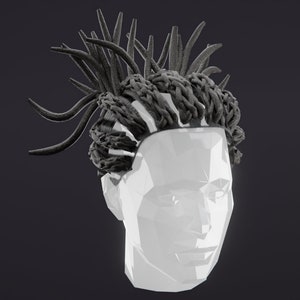May include: A white, geometric, 3D model of a head with black dreadlocks styled in a high top.