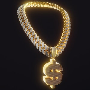 May include: A gold chain necklace with a large gold dollar sign pendant.