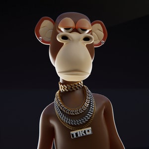 May include: A brown cartoon monkey wearing a gold and silver chain necklace with a silver pendant that says "TIKO".