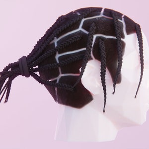 May include: A black braided hairstyle with a grid pattern and a ponytail secured with a black elastic band.