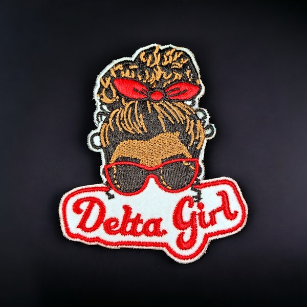Delta Girl -embroidered patch; iron on; red and white; diva; Educate