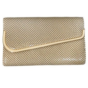 Vintage gouden aluminium mesh avond clutch, jaren 1970 disco kralen tas met ketting,