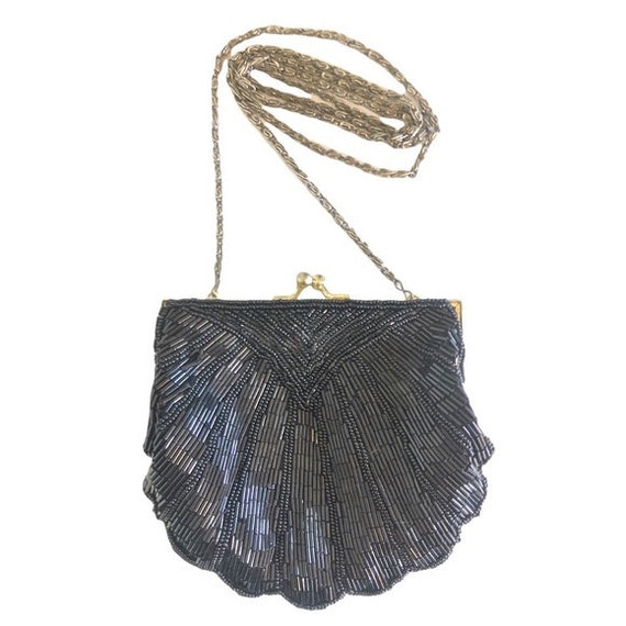 Vintage La Regale Black Glass Beaded Scallop Shell Purse Long Chain Strap  Clutch