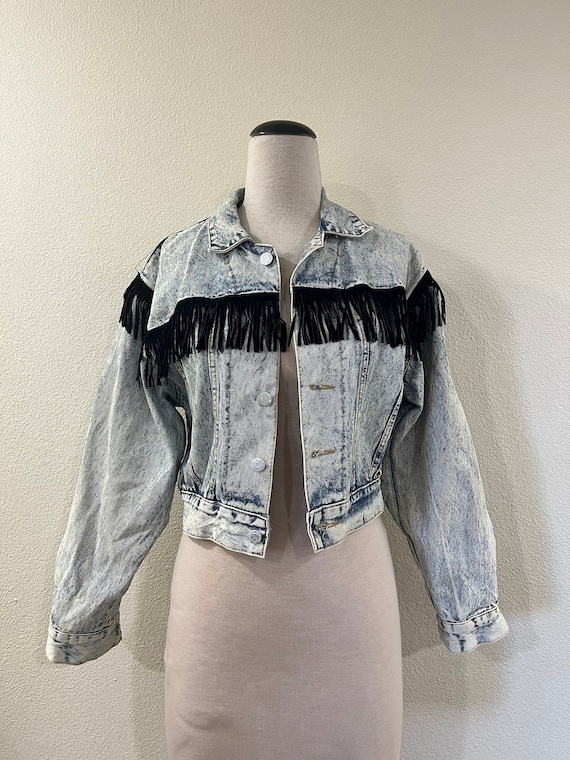 80’s Acid Washed Fringe Cropped Jean Jacket - image 1