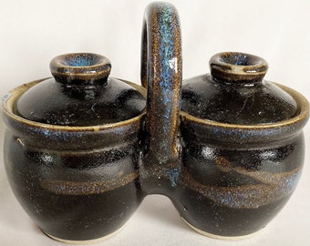 Vintage Stoneware Pottery Condiment Jars, Mid Century Art Pottery Serving Bowls Lids and Handle