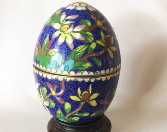 Easter Egg Box, Vintage Cloisonne Enamel Trinket Box Wood Stand, MCM Chinoiserie Decor