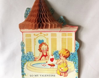 1930s Antique Valentine with 3D Honeycomb Roof, Vintage Valentine Card, Honeycomb Valentine, Sailboat