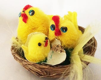 Easter Chicks, Vintage Pom Pom Chicks in Nest Chenille Germany, Vintage Easter Decorations