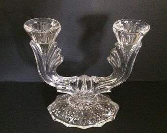 Antique Double Candle Holder, EAPG Vintage Clear Glass Candelabra Candlestick, Vintage Home Decor