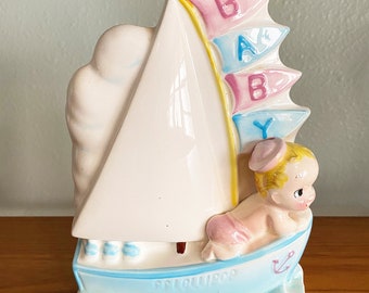 Vintage Baby Nursery Planter Baby Boy, Rubens Originals Ceramic Nursery Decor Sailboat Nautical, 1950s