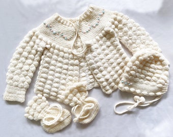 Vintage Baby Wool Set Jacket Hat Booties, 3-6 Months Babies Knitwear Sweater Bonnet Set, Large Doll Clothes