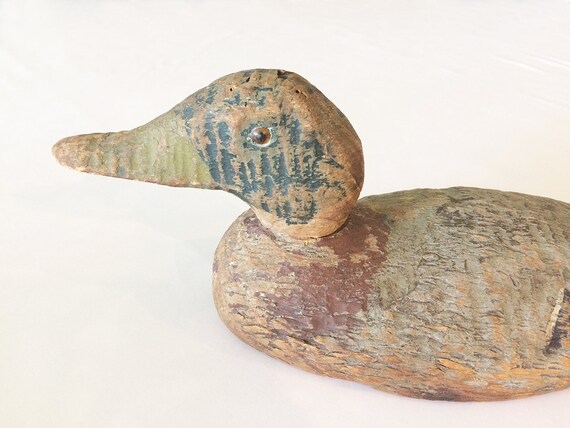 Antique Vintage Wood Duck Decoy American Folk Art Hand Carved Painted Wooden Duck Rustic Primitive Hunting Fishing Collectible 1900s Rare - 