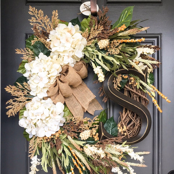 Farmhouse Wreath | Monogram Front Door Wreath | Hydrangea Farmhouse Wreath