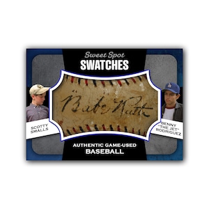 May include: A baseball card featuring a baseball signed by "Babe Ruth" with a photo of Scotty Smalls and Benny "The Jet" Rodriguez from the movie The Sandlot. The card is titled "Sweet Spot Swatches" and says "Authentic Game-Used Baseball".