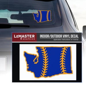 May include: A blue and gold vinyl decal of the state of Washington with baseball stitching. The decal is labeled "LEMASTER GRAPHICS INDOOR/OUTDOOR VINYL DECAL application instructions on reverse".