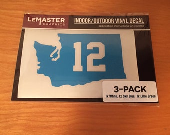 3-PACK Seattle Seahawks Weatherproof Window Decals Football Vinyl Sticker Washington Shape, White / Blue / Green