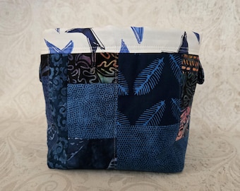 Fabric Basket or Storage Bin in Blue Fabric Patchwork Strips, Decorative Organizer, 7"W x 6"H x 6" D, Great Gift for Quilter