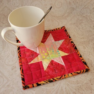 Mug Rug, Quilted Mug Mat, Coffee Cup Coaster, Heat Reflective Batting, Quilted Coaster Coffee, Yellow/Pink Patchwork Star, 7.25&quot; x 7.25&quot;