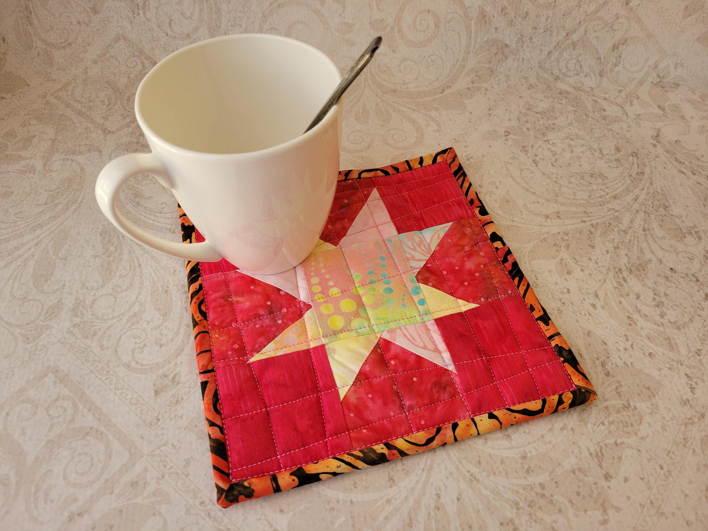 Mug Rug, Quilted Mug Mat, Coffee Cup Coaster, Heat Reflective Batting, Quilted Coaster Coffee, Yellow/Pink Patchwork Star, 7.25" x 7.25"