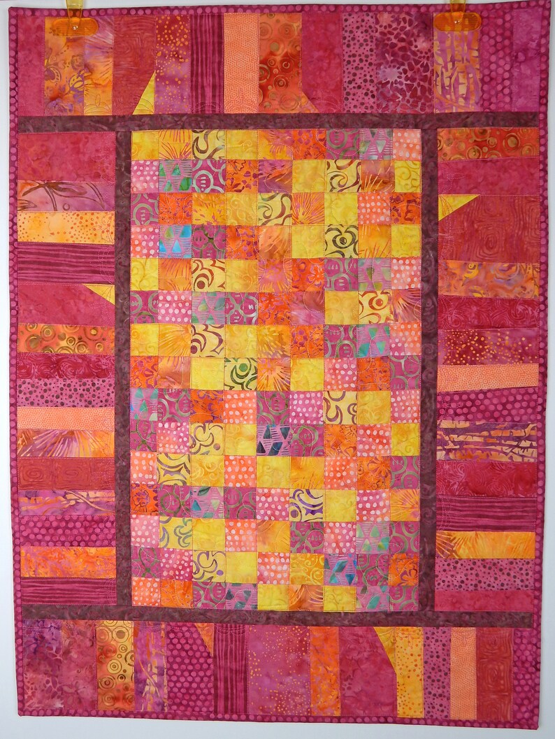 Quilted Wall Hanging Batik Quilt In Pink Orange And Yellow Batiks Fabric Art Ready To Hang 23 W X 31 H