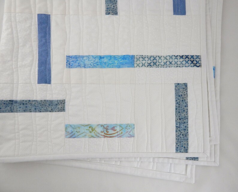 Modern Baby Boy Quilt, Contemporary Minimalist Baby, Blue and White Crib Blanket or Baby Bedding, Baby Shower Gift for New Mom, 32 x 38 image 3