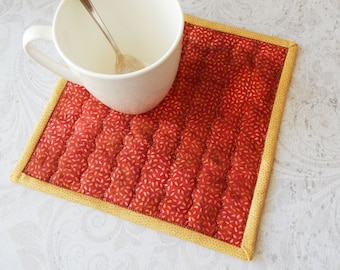Mug Rug Quilted, Mug Rug Coaster, Coffee Mug Mat w/Heat Reflective Batting, Candle Mat, Red Quilted Coaster for Coffee Mug, Square 8.5x8.5