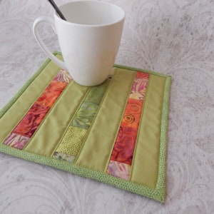 Coffee Mug Rug, ONE Mug Coaster, Coffee Mug Coaster w/Heat Reflective Batting, Quilted Coaster for Coffee Mug, Green Stripe Patchwork, 8x8