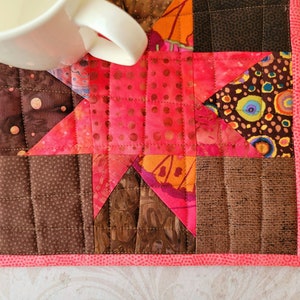 Mug Rug, Quilted Mug Mat, Large Coaster, Heat Reflective Batting, Quilted Coaster for Coffee Mug, Pink/Brown Patchwork Star, 9x9 (1 MUG RUG)