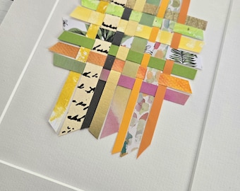 Handmade Paper Weaving Wall Art, Colorful Woven Paper Art, Paper Weaving Art, Mixed Media Paper Art in 8x10 White Mat, Ready to Frame