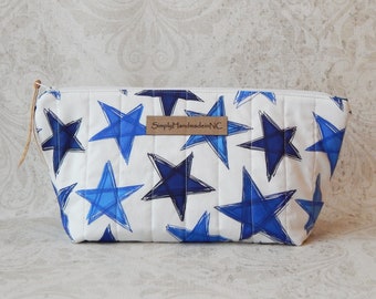Zippered Pouch Bag for Makeup, Travel, Pen or Pencil Bag, Fully Lined Quilted Cotton Bag in Large Blue White Stars, Lg 8"W x 5.5"H x 4.5" D