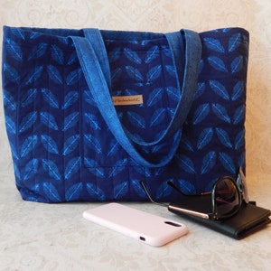Large Women&#39;s Tote Bag, Quilted Fabric Bag for Market, Beach, Gym, Travel, Knitting, Dark Navy Blue w/Leaf Design, 16&quot;W x 13.5&quot;H x 5&quot;D