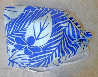 Shoe Bag for Travel or Storage, Draw String Bag in Fully Lined Blue Tropical Motif Cotton Fabric, Large 12 x 16.5 (Shoes Not included)