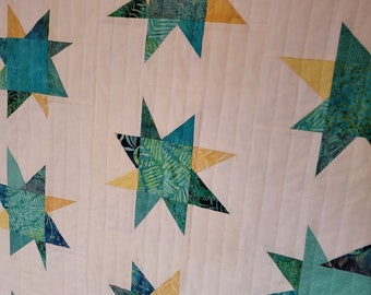 Baby Quilt for Baby Boy or Baby Girl, Aqua Blue and Yellow Stars on White, Baby Bedding, Shower Gift for Baby, 31 x 41 inches