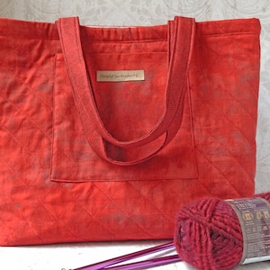 Project Bag for Knitting or Crochet, Quilted Fabric Tote Bag for Market, Shopping, Travel, Projects, Roomy Red Bag, 14Wx13.5Hx5D