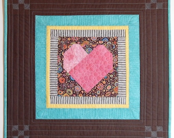 Quilt Art Wall Hanging, Pink Heart Quilt Wall Hanging in Pink, Turquoise, Brown, Yellow, Black & White, Ready to Hang, 21.5 x 21.5