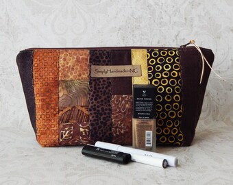 Makeup Bag, Quilted Zipper Pouch for Cosmetics or Travel, Fully Lined Fabric Zipper Pouch in Patchwork Brown Batiks, Lg 8.5"W x 6"H x 4" D