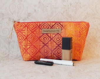Cosmetic Bag or Makeup Bag, Quilted Zipper Pouch Bag, Pen Pencil Bag, Lined Quilted Bag, Red Orange Gold Batik, Large 8.5"W x 5.5"H x 4"D