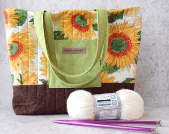 Knitting Project Bag, Tote Bag for Women with Pockets, Project Tote Bag, Knitting Gift for Mom, Yellow Sunflowers, Medium 14.5Wx14Hx5D