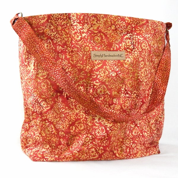 Fabric Shoulder Bag with Pockets, Hobo Bag in Red Gold Brocade Cotton, Quilted Fabric Tote Bag, Medium 11Wx13Hx5D