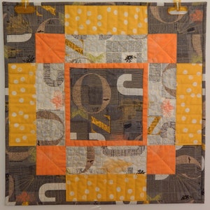 Modern Art Quilt or Quilted Wall Hanging in Gray, Yellow, Orange and White, Contemporary Wall Art, 20 x 20 Square, Ready to Hang