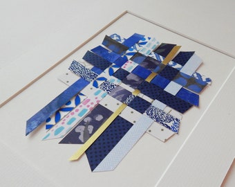 Paper Weaving Artwork, Woven Paper Art, Handmade Mixed Media Paper Art in 8x10 White Mat, Ready to Frame, Blue White Gold
