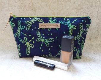 Makeup Bag for Women, Dark Blue Dragonfly Cotton, Cosmetic Bag, Travel, Pens/Pencils, Fully Lined Quilted Cotton Bag, Lg 8.5"W x 6"H x 3.5"D